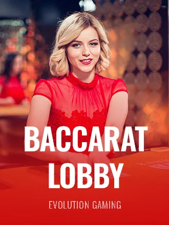 Evolution baccarat lobby thumbnail with a dealer in red